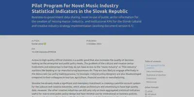 [Click through](https://music.dataobservatory.eu/documents/open_music_europe/slovakia/slovak-cult-stat-pilot.html) to the business-to-government data sharing, novel re-use of public sector information for the creation of missing marco-, industry-, and institutional KPIs for the Slovak cultural and creative industry strategy implementation documentation. Download: [DOI  10.5281/zenodo.8399254](https://zenodo.org/records/8399254).