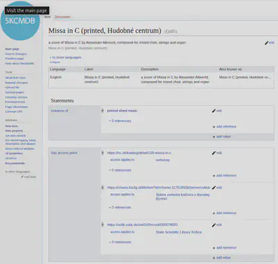 Check out the entry examples related to Albrecht's [Missa in C (printed, Hudobné centrum)](https://reprexbase.eu/skcmdb/Item:Q485) with library and webshop access points, and linked data on the composition itself [Q479](https://reprexbase.eu/skcmdb/Item:Q479), linked to its recorded manifestations.